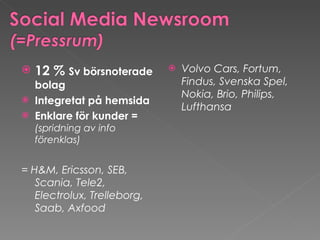12 %  Sv börsnoterade bolag  Integretat på hemsida  Enklare för kunder =  (spridning av info förenklas) = H&M, Ericsson, SEB, Scania, Tele2, Electrolux, Trelleborg, Saab, Axfood Volvo Cars, Fortum, Findus, Svenska Spel, Nokia, Brio, Philips, Lufthansa 