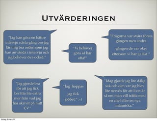 Utvärderingen
”Jag kan göra en bättre
intervju nästa gång om jag
lär mig bra orden som jag
kan använda i intervju och
jag behöver öva också.”

”Jag gjorde bra
för att jag ﬁck
berätta lite extra
mer från vad jag
har skrivit på mitt
CV.”
lördag 8 mars 14

”Frågorna var svåra första
gången men andra
”Vi behöver
göra så här
ofta!”

”Jag hoppas
jag ﬁck
jobbet.” :-)

gången de var okej
eftersom vi har ju läst.”

”Idag gjorde jag lite dålig
sak och den var jag blev
lite nervös för att livet är
så om man vill träffa med
en chef eller en nya
människa.”

 
