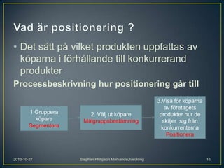 • Det sätt på vilket produkten uppfattas av
köparna i förhållande till konkurrerand
produkter
Processbeskrivning hur positionering går till
1.Gruppera
köpare
Segmentera

2013-10-27

2. Välj ut köpare
Målgruppsbestämning

Stephan Philipson Markandsutveckling

3.Visa för köparna
av företagets
produkter hur de
skiljer sig från
konkurrenterna
Positionera

16

 