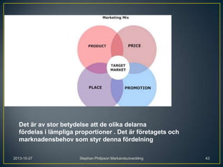 Det är av stor betydelse att de olika delarna
fördelas i lämpliga proportioner . Det är företagets och
marknadensbehov som styr denna fördelning
2013-10-27

Stephan Philipson Markandsutveckling

43

 