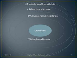 5.Eventuella utvecklingsmöjligheter
4. Differentierat erbjudande

3.Vad kunden normalt förväntar sig

1.Kärnprodukt

2.Vad skall produkten göra

2013-10-27

Stephan Philipson Markandsutveckling

47

 