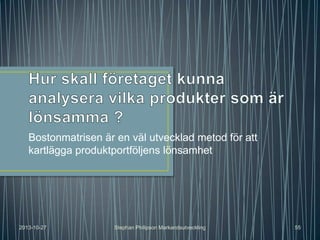 Bostonmatrisen är en väl utvecklad metod för att
kartlägga produktportföljens lönsamhet

2013-10-27

Stephan Philipson Markandsutveckling

55

 