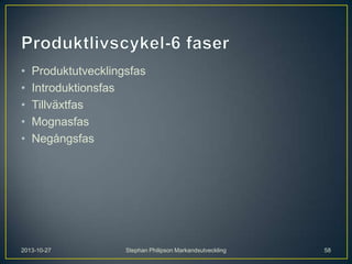 •
•
•
•
•

Produktutvecklingsfas
Introduktionsfas
Tillväxtfas
Mognasfas
Negångsfas

2013-10-27

Stephan Philipson Markandsutveckling

58

 