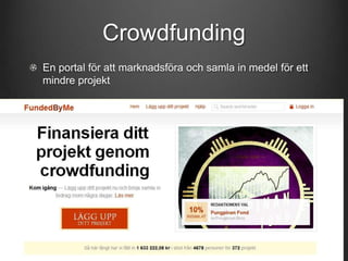 Crowdfunding
En portal för att marknadsföra och samla in medel för ett
mindre projekt

 