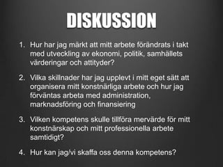 DISKUSSION
1. Hur har jag märkt att mitt arbete förändrats i takt
med utveckling av ekonomi, politik, samhällets
värderingar och attityder?
2. Vilka skillnader har jag upplevt i mitt eget sätt att
organisera mitt konstnärliga arbete och hur jag
förväntas arbeta med administration,
marknadsföring och finansiering

3. Vilken kompetens skulle tillföra mervärde för mitt
konstnärskap och mitt professionella arbete
samtidigt?
4. Hur kan jag/vi skaffa oss denna kompetens?

 
