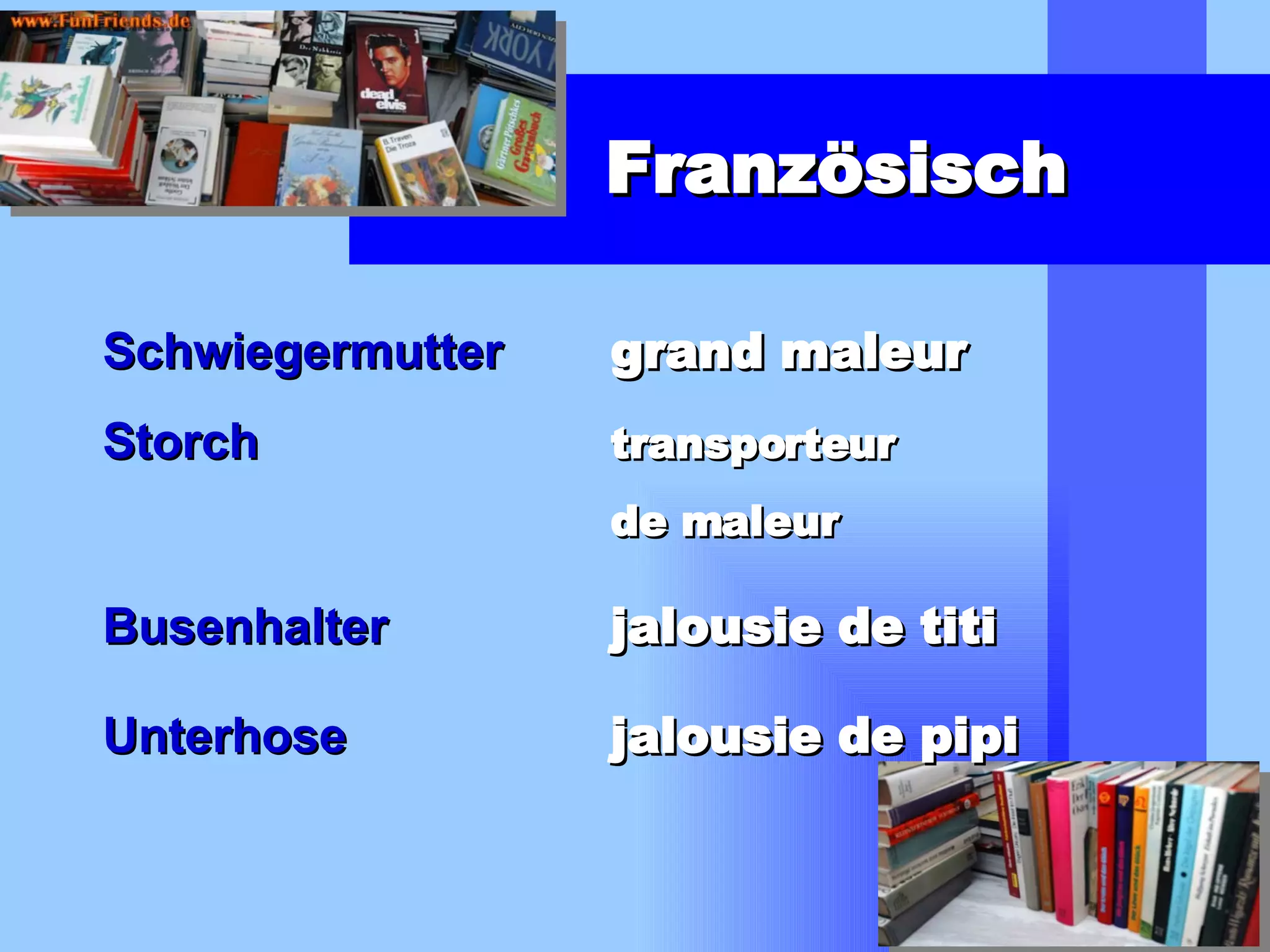 Französisch Schwiegermutter  grand maleur Storch transporteur   de maleur Busenhalter jalousie de titi Unterhose   jalousie de pipi 