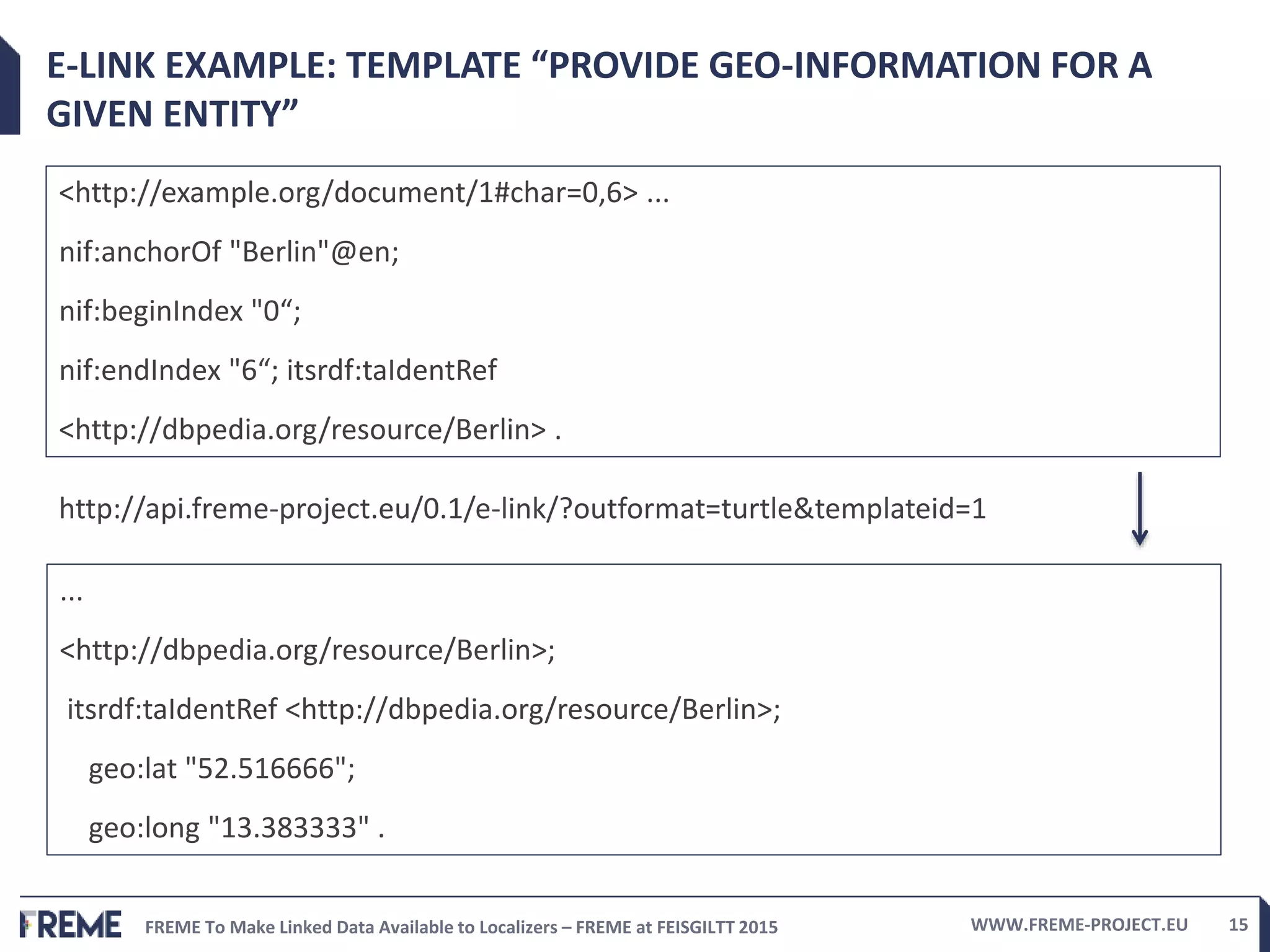 FREME To Make Linked Data Available to Localizers – FREME at FEISGILTT 2015 WWW.FREME-PROJECT.EU 15
E-LINK EXAMPLE: TEMPLATE “PROVIDE GEO-INFORMATION FOR A
GIVEN ENTITY”
<http://example.org/document/1#char=0,6> ...
nif:anchorOf "Berlin"@en;
nif:beginIndex "0“;
nif:endIndex "6“; itsrdf:taIdentRef
<http://dbpedia.org/resource/Berlin> .
...
<http://dbpedia.org/resource/Berlin>;
itsrdf:taIdentRef <http://dbpedia.org/resource/Berlin>;
geo:lat "52.516666";
geo:long "13.383333" .
http://api.freme-project.eu/0.1/e-link/?outformat=turtle&templateid=1
 