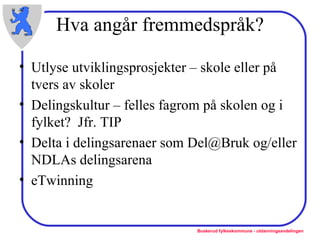 Hva angår fremmedspråk? Utlyse utviklingsprosjekter – skole eller på tvers av skoler Delingskultur – felles fagrom på skolen og i fylket?  Jfr. TIP Delta i delingsarenaer som Del@Bruk og/eller NDLAs delingsarena eTwinning 