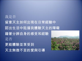 我是否 留意天主如何出現在日常經驗中   認出生活中阻擋我體驗天主的障礙 藉著分辨自身的感受和經驗 是否 更能體驗並享受到 天主無微不至的愛與引導  