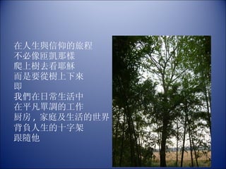 在人生與信仰的旅程  不必像匝凱那樣 爬上樹去看耶穌 而是要從樹上下來 即 我們在日常生活中 在平凡單調的工作 厨房 ,  家庭及生活的世界 背負人生的十字架 跟隨他 