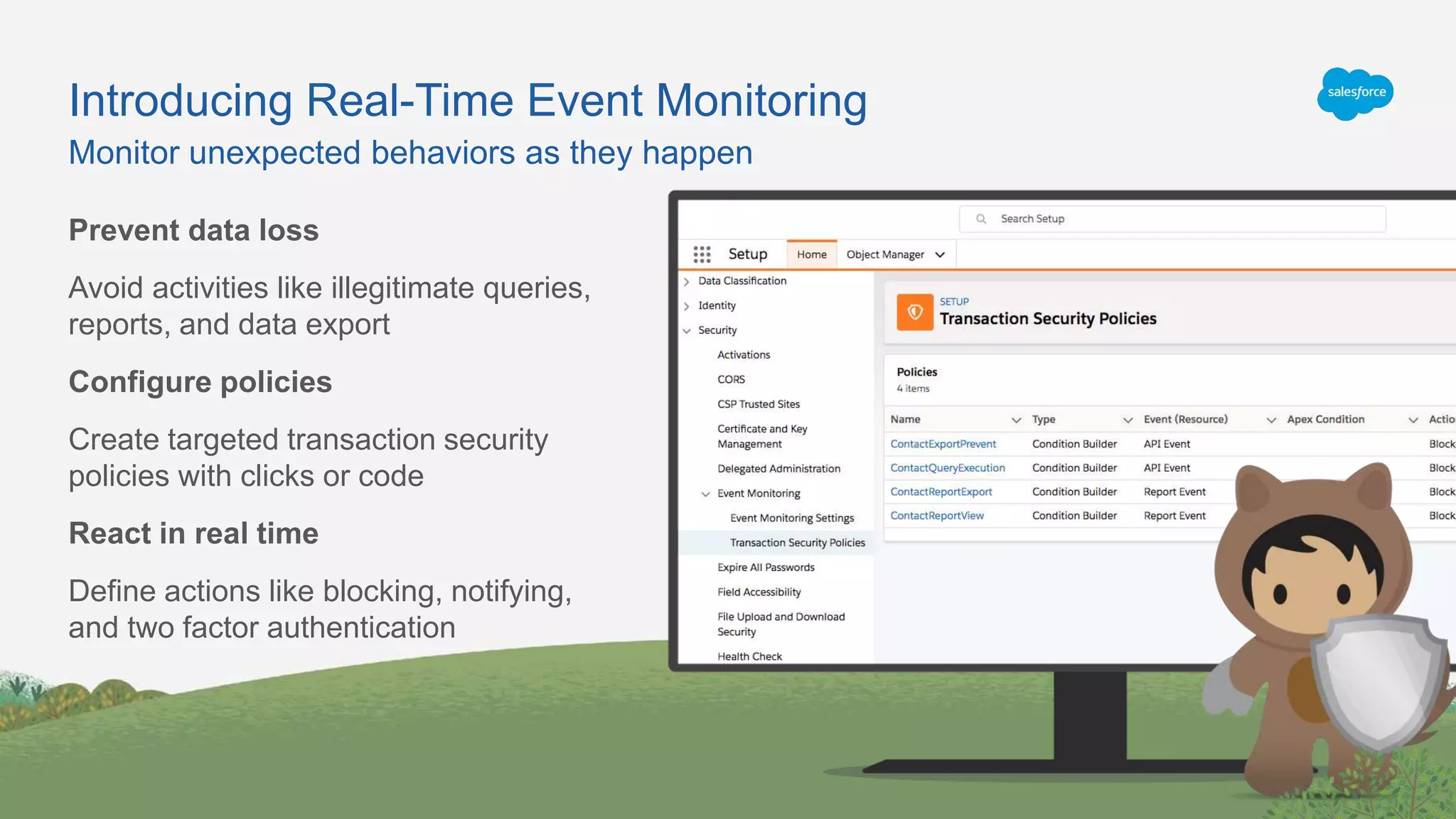 Monitor unexpected behaviors as they happen
Introducing Real-Time Event Monitoring
Prevent data loss
Avoid activities like illegitimate queries,
reports, and data export
Configure policies
Create targeted transaction security
policies with clicks or code
React in real time
Define actions like blocking, notifying,
and two factor authentication
 