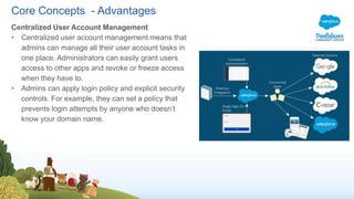 Core Concepts - Advantages
Centralized User Account Management
• Centralized user account management means that
admins can manage all their user account tasks in
one place. Administrators can easily grant users
access to other apps and revoke or freeze access
when they have to.
• Admins can apply login policy and explicit security
controls. For example, they can set a policy that
prevents login attempts by anyone who doesn’t
know your domain name.
 