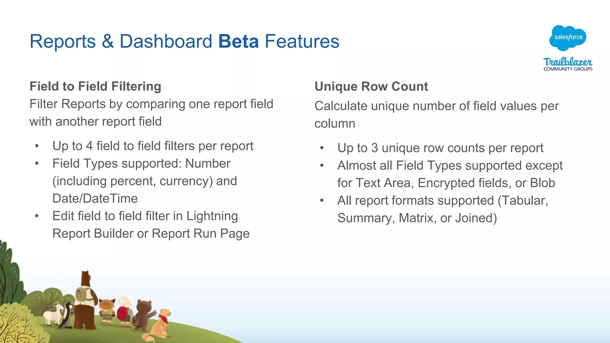 Reports & Dashboard Beta Features
Unique Row Count
Calculate unique number of field values per
column
• Up to 3 unique row counts per report
• Almost all Field Types supported except
for Text Area, Encrypted fields, or Blob
• All report formats supported (Tabular,
Summary, Matrix, or Joined)
Field to Field Filtering
Filter Reports by comparing one report field
with another report field
• Up to 4 field to field filters per report
• Field Types supported: Number
(including percent, currency) and
Date/DateTime
• Edit field to field filter in Lightning
Report Builder or Report Run Page
 