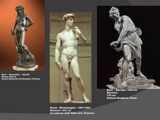 Davi – Donatello  - 1444-46 Bronze-158 cm Museo Nazionale del Bargello, Florence David – Michelangelo - 1501-1504 Marmore -410 cm  Accademia delle Belle Arti, Florence Davi – Bernini  -1623-24 Mármore 170 cm Galleria Borghese, Rome  