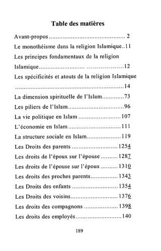 Table desmatières
Avant-propos ... 2
Le monothéismedansla religionIslamique..ll
Les principesfondamentauxde la religion
Islamique.. .....1?
Les spécificitéset atoutsde la religion Islamique
14
La dimensionspirituellede I'Islam .......73
Lespiliersde I'Islam ...96
La vie politiqueen Islam . 107
L'économieen Islam.. 111
La structuresocialeen Islam... .....119
LesDroitsdesparents....,. ...l25L
Les droitsde l'épouxsurl'épouse ....1287
Les droitsde l'épousesur1'époux ....1310.
Les droitsdesprochesparents ....1341
Les Droits desenfants. .. 135;
Les Droitsdesvoisins ....1316
Les droits descompagnons 139;
Lesdroitsdesemployés .........140
189
 