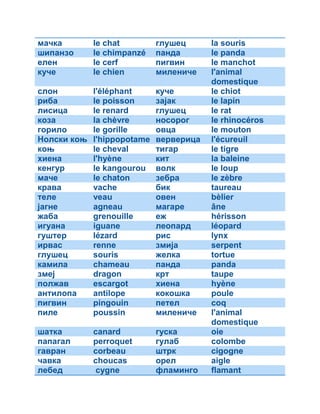 мачка le chat глушец la souris 
шипанзо le chimpanzé панда le panda 
елен le cerf пигвин le manchot 
куче le chien милениче l'animal 
domestique 
слон l'éléphant куче le chiot 
риба le poisson зајак le lapin 
лисица le renard глушец le rat 
коза la chèvre носорог le rhinocéros 
горило le gorille овца le mouton 
Нолски коњ l'hippopotame верверица l'écureuil 
коњ le cheval тигар le tigre 
хиена l'hyène кит la baleine 
кенгур le kangourou волк le loup 
маче le chaton зебра le zèbre 
крава vache бик taureau 
теле veau овен bèlier 
јагне agneau магаре âne 
жаба grenouille еж hérisson 
игуана iguane леопард léopard 
гуштер lézard рис lynx 
ирвас renne змија serpent 
глушец souris желка tortue 
камила chameau панда panda 
змеј dragon крт taupe 
полжав escargot хиена hyène 
антилопа antilope кокошка poule 
пигвин pingouin петел coq 
пиле poussin милениче l'animal 
domestique 
шатка canard гуска oie 
папагал perroquet гулаб colombe 
гавран corbeau штрк cigogne 
чавка choucas орел aigle 
лебед cygne фламинго flamant 
 
