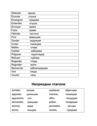Détester мрази 
Écouter слуша 
Enseigner предава 
Entendre слуша 
Envoyer праќа 
Faire прави 
Féliciter честита 
Finir завршува 
Garder задржува 
Inviter поканува 
Mettre става 
Oublier заборава 
Préparer подготвува 
Refuser одбива 
Regarder гледа 
Regretter жали 
Remercier заблагодарува 
Voir гледа 
Vouloir сака 
Непреодни глаголи 
acheter, купува expliquer, објаснува 
apporter, донесува montrer, покажува 
apprendre, учи offrir, понудува 
demander, прашува prêter, позајмува 
donner, дава promettre, ветува 
écrire, пишува rendre, предава 
 