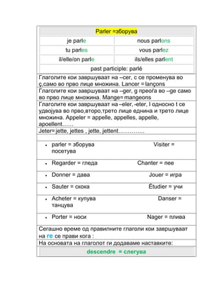 Parler =зборува 
je parle nous parlons 
tu parles vous parlez 
il/elle/on parle ils/elles parlent 
past participle: parlé 
Глаголите кои завршуваат на –cer, c се променува во 
ç,само во прво лице множина. Lancer = lançons 
Глаголите кои завршуваат на –ger, g преоѓа во –ge само 
во прво лице множина. Mange= mangeons 
Глаголите кои завршуваат на –eler, -eter, l односно t се 
удвојува во прво,второ,трето лице еднина и трето лице 
множина. Appeler = appelle, appelles, appelle, 
apoellent…… 
Jeter= jette, jettes , jette, jettent………….. 
 parler = зборува Visiter = 
посетува 
 Regarder = гледа Chanter = пее 
 Donner = дава Jouer = игра 
 Sauter = скока Étudier = учи 
 Acheter = купува Danser = 
танцува 
 Porter = носи Nager = плива 
Сегашно време од правилните глаголи кои завршуваат 
на re се прави кога : 
На основата на глаголот ги додаваме наставките: 
descendre = слегува 
 