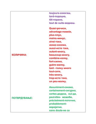toujours-секогаш, 
tard-подоцна, 
tôt-порано, 
tout de suite-веднаш. 
КОЛИЧИНА: 
Quasi-речиси, 
advantage-повеќе, 
plus-плус, 
moins-минус, 
ainsi-така, 
assez-сосема, 
aussi-исто така, 
autant-многу, 
beaucoup-многу, 
combine-колку, 
fort-силно, 
guère-малку, 
tant –толку много 
tout-сите, 
très-многу, 
trop-исто така, 
un peu-малку. 
ПОТВРДУВАЊЕ: 
Assurément-секако, 
certainement-сигурно, 
certes-додека, oui-да, 
peut-être- можеби, 
précisément-поточно, 
probablement- 
веројатно, 
sans doute-не се 
 
