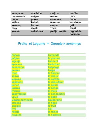 кикирики arachide кифла muffin 
палачинки crêpes паста pâte 
пире purée сланина bacon 
кебап kebab шницла еscalope 
kвасец levure скара gril 
стек steak тост toast 
ужина collations рибја чорба ragout de 
poisson 
Fruits et Legume = Овошје и зеленчук 
бадем l'amande 
јабука la pomme 
кајсија l'abricot 
артичок l'artichaut 
аспарагус l'asperge 
јачмен l'orge 
грав le haricot 
зелка le choux 
морков la carotte 
карфиол le chou-fleur 
целер le céleri 
цреша la cerise 
пченка le maïs 
краставица le concombre 
урма la datte 
модар патлиџан l'aubergine 
смоква la figue 
овошје le fruit 
лук l'ail 
грозје le raisin 
лешник la noisette 
 