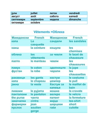 јули juillet петок vendredi 
август août сабота samedi 
септември septembre недела dimanche 
октомври octobre 
Vêtements =Облека 
Македонски French Македонски French 
капа Le 
casquette 
сандали les sandales 
каиш la ceinture кошула les 
chemises 
облека les 
vêtements 
за чевли le lacet de 
chaussure 
палто le manteau чевли les 
chaussures 
памук le coton здолниште la jupe 
фустан la robe чорапи les 
chaussettes 
ракавици les gants костум le costume 
капа le chapeau џемпер le pull 
јакна la veste Костум за 
капење 
le maillot de 
bain 
пижами le pyjama машна la cravate 
панталони le pantalon велкро le velcro 
the purse чанта патент la fermeture 
закачалка cintre мајца tee-shirt 
фармерки jean шорцеви short 
прслок soutien 
gorge 
гаќи culotte 
 