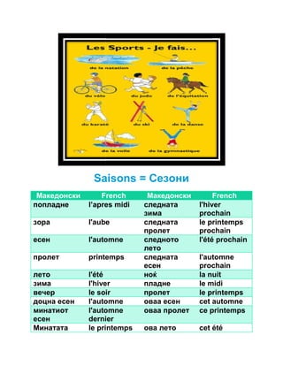 Saisons 
Македонски French 
попладне l’apres midi 
зора l'aube 
есен l'automne 
пролет printemps 
лето l'été 
зима l'hiver 
вечер le soir 
доцна есен l'automne 
минатиот 
l'automne 
есен 
dernier 
Минатата le printemps 
= Сезони 
Македонски 
apres следната 
зима 
French 
l'hiver 
prochain 
следната 
пролет 
le printemps 
prochain 
следното 
лето 
l'été prochain 
следната 
есен 
l'automne 
prochain 
ноќ la nuit 
пладне le midi 
пролет le printemps 
оваа есен cet automne 
оваа пролет ce printemps 
ова лето cet été 
 