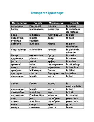 Transport =Транспорт 
Maкедонски French Македонски French 
аеродром l’aeroport линија la queue 
багаж les bagages детектор le détecteur 
de métaux 
брод le bateau платформа le quai 
автобуска 
la gare 
станица 
routière 
соба la salle 
автобус autobus писта la piste 
d'aviation 
подморница submarine чувари le garde de 
sécurité 
багер excavatrice брод le navire 
едрилица planeur метро le métro 
јахта yacht куфер la valise 
трамвај tram полетување le décollage 
хотел l'hôtel терминал le terminal 
трафика le kiosque билет le billet 
цистерна citerne Булдужер == buduzher 
велосипед le vélo такси le taxi 
авион l’avion мотор la 
motocyclette 
велосипед le vélo такси le taxi 
автомобил la voiture воз le train 
хеликоптер l'hélicoptère камион le camion 
џип jeep падобран parachute 
скутер scooters падобран parachute 
камп camp кран grue 
кочија carrosse ракета fusee 
 