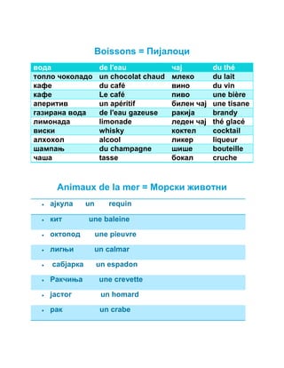Boissons = Пијалоци 
вода de l'eau чај du thé 
топло чоколадо un chocolat chaud млеко du lait 
кафе du café вино du vin 
кафе Le café пиво une bière 
аперитив un apéritif билен чај une tisane 
газирана вода de l'eau gazeuse ракија brandy 
лимонада limonade леден чај thé glacé 
виски whisky коктел cocktail 
алхохол alcool ликер liqueur 
шампањ du champagne шише bouteille 
чаша tasse бокал cruche 
Аnimaux de la mer = Морски животни 
 ајкула un requin 
 кит une baleine 
 октопод une pieuvre 
 лигњи un calmar 
 сабјарка un espadon 
 Ракчиња une crevette 
 јастог un homard 
 рак un crabe 
 