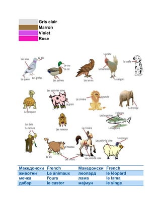 Gris clair 
Marron 
Violet 
Rose 
Македонски French Македонски French 
животни Le animaux леопард le léopard 
мечка l'ours лама le lama 
дабар le castor мајмун le singe 
 