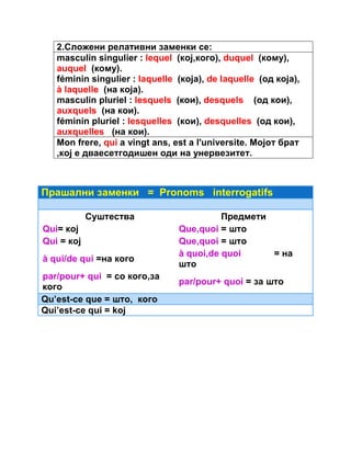 2.Сложени релативни заменки се: 
masculin singulier : lequel (кој,кого), duquel (кому), 
auquel (кому). 
féminin singulier : laquelle (која), de laquelle (од која), 
à laquelle (на која). 
masculin pluriel : lesquels (кои), desquels (од кои), 
auxquels (на кои). 
féminin pluriel : lesquelles (кои), desquelles (од кои), 
auxquelles (на кои). 
Mon frеre, qui a vingt ans, est а l'universitе. Мојот брат 
,кој е дваесетгодишен оди на унервезитет. 
Прашални заменки = Pronoms interrogatifs 
Суштества Предмети 
Qui= кој Que,quoi = што 
Qui = кој Que,quoi = што 
à qui/de qui =на кого à quoi,de quoi = на 
што 
par/pour+ qui = со кого,за 
кого par/pour+ quoi = за што 
Qu’est-ce que = што, кого 
Qui’est-ce qui = koj 
 