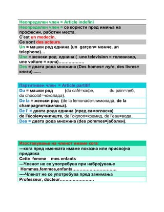 Неопределен член = Article indefini 
Неопределен член = се користи пред имиња на 
професии, работни места. 
C'est un mеdecin. 
Ce sont des acteurs. 
Un = машки род еднина (un garçon= момче, un 
telephone)… 
Une = женски род еднина ( une television = телевизор, 
une voiture = кола)……………… 
Des = двата рода множина (Des homes= луѓе, des livres= 
книги)....... 
Партитивен член = Article partitif 
Du = машки род (du café=кафе, du pain=леб, 
du chocolat=чоколада). 
De la = женски род (de la lemonade=лимонада, de la 
champagne=кампања). 
De l’ = двата рода еднина (пред самогласка) 
de l'école=училиште, de l'oignon=кромид, de l'eau=вода. 
Des = двата рода множина (des pommes=јаболки). 
Изоставување на членот имаме кога: 
---кога пред именката имаме показна или присвојна 
придавка 
Cette femme mes enfants 
---Членот не се употребува при набројување 
Hommes,femmes,enfants…………………………. 
----Членот не се употребува пред занимања 
Professeur, docteur…………………… 
 