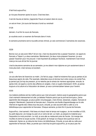 Il fait froid aujourd'hui.
je n'ai pas d'examen apres le cours. C'est tres bien.
il est dix heures et demie. j'apprends l'...