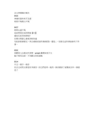 法文準備檢討報告
0426
準備的資料來不及看
時間不夠精力不夠
0427
時間永遠不夠
是該學習在短時間做【好】
還是花更多時間呢?
但精力與耐心會被消耗殆盡
先把該做事做完，再去補做前面的事(複習)，還是...，但做完這件事就會有下件
事，...