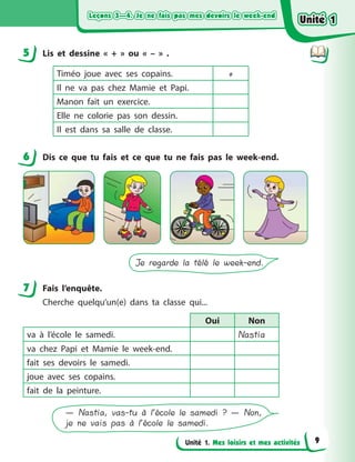 Leçons 3—4. Je ne fais pas mes devoirs le week-endLeçons 3—4. Je ne fais pas mes devoirs le week-endLeçons 3—4. Je ne fais pas mes devoirs le week-endLeçons 3—4. Je ne fais pas mes devoirs le week-end
Unité 1. Mes loisirs et mes activités
5 Lis et dessine «  +  » ou « –  »  .
Timéo joue avec ses copains. +
Il ne va pas chez Mamie et Papi.
Manon fait un exercice.
Elle ne colorie pas son dessin.
Il est dans sa salle de classe.
6 Dis ce que tu fais et ce que tu ne fais pas le week-end.
Je regarde la télé le week-end.
7 Fais l’enquête.
Cherche quelqu’un(e) dans ta classe qui...
Oui Non
va à  l’école le samedi. Nastia
va chez Papi et Mamie le week-end.
fait ses devoirs le samedi.
joue avec ses copains.
fait de la peinture.
— Nastia, vas-tu à l’école le samedi ? — Non,
je ne vais pas à l’école le samedi.
5
6
7
Unité 1Unité 1Unité 1Unité 1
9
 
