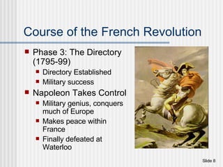 Course of the French Revolution Phase 3: The Directory (1795-99) Directory Established Military success Napoleon Takes Control Military genius, conquers much of Europe Makes peace within France Finally defeated at Waterloo 
