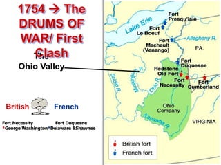 1754  The DRUMS OF WAR/ First ClashThe Ohio ValleyBritishFrenchFort Necessity    	       Fort Duquesne          *George Washington*Delaware & Shawnee