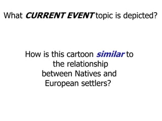 What CURRENT EVENT topic is depicted?How is this cartoon similar to the relationshipbetween Natives and European settlers?  