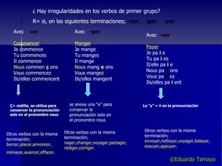 ¿ Hay irregularidades en los verbos de primer grupo? R= si, en las siguientes terminaciones;  -cer,   - ger ,  -yer . Avec  - cer Commencer Je commence Tu commences Il commence Nous  commen  ç  ons Vous commencez Ils/elles commencent Avec  -ger Manger Je mange  Tu manges Il mange Nous  mang  e  ons Vous mangez Ils/elles mangent   Avec  -yer Payer Je pa   i  e Tu pa  i  es Il/elle pa  i  e Nous pa  y  ons Vous pa  y  ez Ils/elles pa  i  ent   Ç= cedilla, se utiliza para conservar la pronunciación solo en el pronombre nous se anexa una “e” para conservar la pronunciación solo en el pronombre nous La “y” = ii en la pronunciación Otros verbos con la misma terminación;  bercer,placer,annoncer, ménacer,avancer,effacer. Otros verbos con la misma terminación;  nager,changer,voyager,partager,rédiger,corriger. Otros verbos con la misma terminación;  envoyer,nettoyer,voyager,balayer,essuyer,appuyer. ©Eduardo Tamayo 