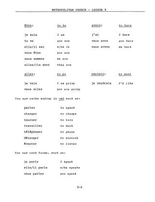 METROPOLITAN FRENCH - LESSON 9
être:
je suis
tu es
elle/il est
vous êtes
nous sommes
elles/ils sont
aller:
je vais
vous allez
to be
l am
you are
s/he is
you are
we are
they are
to -go
l am going
you are -going
avoir:
j'ai
vous avez
nous avons
vouloir:
je voudrais
to have
l have
you have
we have
to want
l'd like
You saw verbs ending in -er such as:
parler to speak
changer to change
tourner to turn
travailler to work
t~l~phoner to phone
d~ranger to disturb
~couter to listen
You saW verb forms, such as:
je parle
elle/il parle
vous parlez
l speak
s/he speaks
you speak
9-6
 