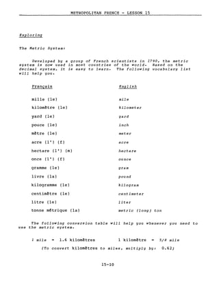 METROPOLITAN FRENCH - LESSON 15
Exploring
The Metric System:
Developed by a group of French scientists in 1790, the metric
system is now used in most countries of the world. Based on the
decimal system, it is easy to learn. The following vocabulary list
will help you.
Français
mille (le)
kilomètre (le)
yard (le)
pouce (le)
mètre (le)
acre (l') ( f )
hectare (l') (m)
once (l') ( f )
gramme (le)
livre (la)
kilogramme (le)
centimètre (le)
litre (le)
tonne métrique (la)
English
mile
kilometer
yard
inch
meter
acre
hectare
ounce
gram
pound
kilogram
centimeter
liter
metric (long) ton
The following conversion table will help you whenever you need to
use the metric system.
1 mile = 1.6 kilomètres 1 kilomètre = 5/8 mile
(To convert kilomètres to miles, multiply hy:
15-10
0.62)
 