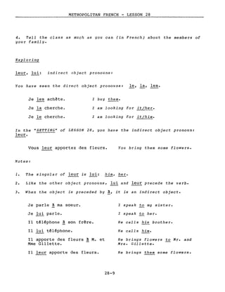 METROPOLITAN FRENCH - LESSON 28
------------
4. Tell the class as much as you can (in French) about the members of
you r famil y.
Exploring
leur, lui: indirect object pronouns:
You have seen the direct abject pronouns: le, la, les.
Je les achète.
Je la cherche.
Je le cherche.
l buy them.
l am looking for it/~e~.
l am looking for it/him.
In the "SETTING" of LESSON 28, you have the indirect object pronoun:
leur.
Vous leur apportez des fleurs.
Notes:
You bring them some flowers.
1. The singular of leur is lui: him, her.
2. Like the other object pronouns, lui and leu~ precede the verbe
3. When the object is preceded by ~, it is an indirect objecte
Je parle ~ ma soeur.
Je lui parle.
Il téléphone ~ son frère.
Il lui téléphone.
Il apporte des fleurs ~ M. et
Mme Gillette.
Il leur apporte des fleurs.
28-9
l speak to mg sister.
l speak to her.
He calls his brother.
He calls him.
He brings flowers to Mr. and
Mrs. Gillette.
He brings them some flowers.
 