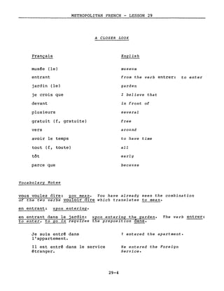 METROPOLITAN FRENCH - LESSON 29
A CLOSER LOOK
Français
musée (le)
entrant
jardin (le)
je crois que
devant
plusieurs
gratuit (f, gratuite)
vers
avoir le temps
tout (f, toute)
tôt
parce que
Vocabulary Notes
English
museUm
from the verb entrer: to enter
garden
l believe that
in front of
several
free
around
to have time
aIl
early
because
vous voulez dire: you mean. You have already seen the combination
of the two verbs vouloir dire which translates to mean.
en entrant: upon entering.
en entrant dans le jardin: upon entering the garden. The verb entrer:
to enter, to go in requires the preposition dans.
Je suis entré dans
l'appartement.
Il est entré dans le service
étranger.
29-4
r entered the apartment.
He entered the Foreign
Service.
 