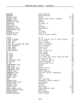 bonjour
bonsoir
bouche (la)
bougie (la)
bouquet (le)
bouteille (la)
brancher
bras (le)
brioche (la)
bronchite (la)
brouillard (le)
brûler
brushing (le)
bureau (le)
METROPOLITAN FRENCH - GLOSSARY
good morning
good evening
mouth
spark plug (also, candIe)
bunch
bottle
to plug in
arm
brioche
bronchitis
fog
to burn
blow dry
office (also, desk)
1
16
11,24
36
17
22
31
24
15
24
10
36
30
32
c'est
c'est à vous?
c'est clair
c'est ça
c'est de la part de qui?
c'est parfait
c'est tout
c'est vrai
c'est-à-dire
ça
ça fait
ça fera
ça ira?
ça ira
ça ne fait rien
ça suffit
ça va
cacahouête (la)
cafê (le)
cafê noir (le)
cafêtêria (la)
caisse (la)
campagne (la)
canapê (le)
cancer (le)
capot (le)
car
carafe (la)
carburateur (le)
carnet (le)
carotte (la)
carte (la)
carte grise (la)
carte postale (la)
carton (le)
catastrophique
it is
is it yours? (is it your turn?)
it 's clear
that's right
who's calling?
it's perfect
that's aIl
it's true
that is to say
that, this
that makes
it will make
will that do? (will that be OK?)
it will be OK
it doesn't matter
that's enough
everything is OK
peanut
cafe
black coffee
cafeteria
cash register
country (also, campaign)
sofa
cancer
hood
for, because
decanter, water bottle
carburetor
notebook
carrot
map, menu
registration card
postcard
box, carton
catastrophic
G-4
5
17
35
3
32
14
15
12
35
15
15
16
18
38
30
35
2
13
1
13
1
16
15
38
24
36
38
28
36
12
16
5,21
35
25
16
34
 