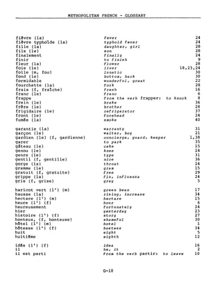 METROPOLITAN FRENCH - GLOSSARY
fiêvre (la)
fiêvre typhoïde (la)
fille (la)
fils (le)
finalement
finir
fleur (la)
foie (le)
folle (m, fou)
fond (le)
formidable
fourchette (la)
frais (f, fraîche)
franc (le)
frappe
frein (le)
frêre (le)
frigidaire (le)
front (le)
fumêe (la)
garantie (la)
garçon (le)
gardien (le) (f, gardienne)
garer
gâteau (le)
genou (le)
genre (le)
gentil (f, gentille)
gorge (la)
gramme (le)
gratuit (f, gratuite)
grippe (la)
gris (f, grise)
haricot vert (l') (m)
hausse (la)
hectare (l') (m)
heure (l') (f )
heureusement
hier
his toire (l') ( f )
honteux, (f, honteuse)
hôte l (l') (m )
hôtesse (l') (f)
huit
huitiême
fever
typhoid fever
daughter, girl
son
final1y
to finish
flower
liver
lunatic
bottom, back
wonderful, great
fork
fresh
franc
from the verb frapper:
brake
brother
refrigerator
forehead
smoke
warrant y
waiter, boy
concierge, guard, keeper
to park
cake
knee
type
nice
throat
gram
free
flu, influenza
grey
green bean
rising, increase
hectare
hour
fortunately
yesterday
story
shameful
hotel
hostess
eight
eighth
24
24
28
28
24
9
28
18,23,24
30
30
22
28
16
6
to knock 8
36
28
37
24
40
31
21
1,38
35
15
24
31
36
24
15
29
24
5
17
34
15
6
24
23
27
30
1
34
5
12
idêe (l') (f )
il
il est parti
idea
he, it
from the verb partir: to leave
G-IO
16
2
10
 