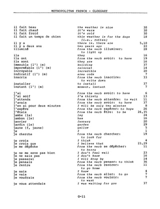 METROPOLITAN FRENCH - GLOSSARY
il fait beau
il fait chaud
il fait froid
il fait un temps de chien
il Y a
il y a deux ans
illumin~
ils
ils ont
ils sont
immeuble (l') (m)
imperm~able (l') (m)
incroyable
i nd i catif (l') (m)
inscris
installer
i ns tant (l') (m)
j'ai
j'ai soif
j'attends
j'avais
j'en ai pour deux minutes
j'espêre
j'~tais
jambe (la)
jambon (le)
janvier
jardin (le)
jaune (f, jaune)
je
je cherche
je crois
je crois que
je me d~pêche
je ne me sens pas bien
je ne sais pas
je passerai
je pensais
je rentre
je sais
je vais
je voudrais
je vous attendais
the weather is nice
it's warm
it's cold
this weather is for the dogs
(i.e., rotten)
there is, there are
two years aga
from the verb illuminer:
to light up
they
from the verb avoir: to have
they are
building
raincoat
incredible
area code
from the verb inscrire:
to write down
to install
moment, instant
from the verb avoir: to have
l'm thirsty
from the verb attendre: to wait
from the verb avoir: to have
l will be only two minutes
from the verb esp~rer: to hope
from the verb être: to be
leg
ham
January
garden
yellow
l
from the verb chercher:
to look for
l think
l believe that
from the verb se d~pêcher:
to hurry
l don't feel weil
l don't know
l will drop by
from the verb penser: to think
from the verb rentrer:
to go home
l know
from the verb aller: to go
from the verb vouloir:
to want
l was waiting for you
G-ll
30
30
30
18
5,10
22
28
16
19
16
37
14
20
7
33
37
7
6
13
Il
37
8
26
26,35
24
16
20
29
5
l
19
4
23,29
Il
23
16
14
36
Il
4
7
7
37
 