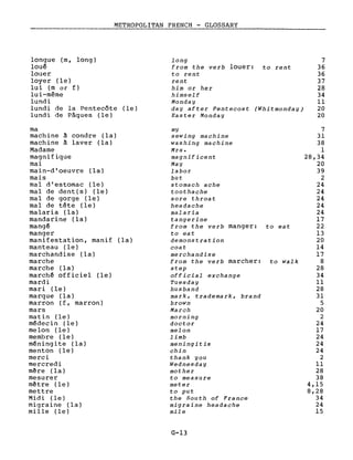 METROPOLITAN FRENCH - GLOSSARY
longue (m, long)
loué
louer
loyer (le)
lui (m or f)
lui-même
lundi
lundi de la Pentecôte (le)
lundi de Pâques (le)
long
from the verb louer: to rent
to rent
rent
him or her
himself
Monday
day after Pentecost (Whitmonday)
Easter Monday
7
36
36
37
28
34
Il
20
20
ma
machine à condre (la)
machine à laver (la)
Madame
magnifique
mai
main-d'oeuvre (la)
mais
mal d'estomac (le)
mal de dent(s) (le)
mal de gorge (le)
mal de tête (le)
malaria (la)
mandarine (la)
mangé
manger
manifestation, manif (la)
manteau (le)
marchandise (la)
marche
marche (la)
marché officiel (le)
mardi
mari (le)
marque (la)
marron (f, marron)
mars
matin (le)
médecin (le)
melon (le)
membre (le)
méningite (la)
menton (le)
merci
mercredi
m~re (la)
mesurer
m~tre (le)
mettre
Midi (le)
migraine (la)
mille (le)
my
sewing machine
washing machine
Mrs.
rnagnif icent
May
labor
but
stomach ache
toothache
sore throat
headache
malaria
tangerine
from the verb manger: to eat
to eat
demonstration
coat
merchandise
from the verb marcher: to walk
step
official exchange
Tuesday
husband
mark, trademark, brand
brown
March
morning
doctor
melon
limb
meningitis
chin
thank you
Wednesday
mother
to measure
meter
to put
the South of France
migraine headache
mile
G-13
7
31
38
1
28,34
20
39
2
24
24
24
24
24
17
22
13
20
14
17
8
28
34
Il
28
31
5
20
2
24
17
24
24
24
2
Il
28
38
4,15
8,28
34
24
15
 