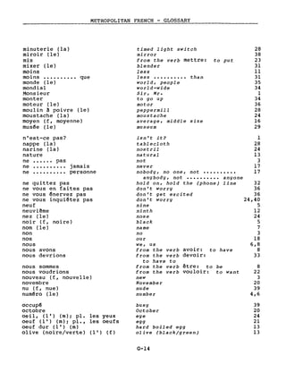 METROPOLITAN FRENCH - GLOSSARY
minuterie (la)
miroir (le)
mis
mixer (le)
moins
moins •••••••••• que
monde (le)
mondial
Monsieur
monter
moteur (le)
moulin ~ poivre (le)
moustache (la)
moyen (f, moyenne)
mus~e (le)
n'est-ce pas?
nappe (la)
narine (la)
nature
ne •••••• pas
ne •••••••••• jamais
ne •••••••••• personne
ne quittez pas
ne vous en faites pas
ne vous ~nervez pas
ne vous inquiêtez pas
neuf
neuviême
nez (le)
noir (f, noire)
nom (le)
non
nos
nous
nous avons
nous devrions
nous sommes
nous voudrions
nouveau (f, nouvelle)
novembre
nu (f, nue)
numêro (le)
occup~
octobre
oeil, (l') (m); pl. les yeux
oeu f (l') (m); pl., les oeu f s
oeu f dur (1') (m )
olive (noire/verte) (l') (f)
timed light switch
mirror
from the verb mettre: to put
blender
less
less •••••••••• than
world, people
world-wide
Sir, Mr.
to go up
motor
peppermill
moustache
average, middle size
museum
isn't it?
tablecloth
nostril
natural
not
never
nobody, no one, not ••••••••••
anybody, not •••••••••• anyone
hold on, hold the (phone) line
don't worry
don't get excited
don't worry
nine
ninth
nose
black
name
no
our
we, us
from the verb avoir: to have
from the verb devoir:
to have to
from the verb être: to be
from the verb vouloir: to want
new
November
nude
number
busy
October
eye
egg
bard boiled egg
olive (black/green)
G-14
28
38
23
31
Il
31
35
34
l
34
36
28
24
16
29
1
28
24
13
3
17
17
32
36
36
24,40
5
12
24
5
7
3
18
6,8
8
33
8
22
3
20
39
4,6
39
20
24
21
13
13
 