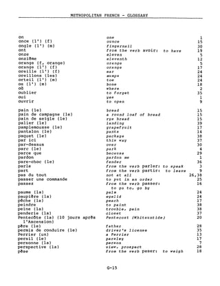 on
once (l') (f )
ongle (l') (m)
ont
onze
onziême
orange (f, orange)
orange (l') ( f )
ore i Ile (l') (f)
oreillons (les)
orteil (l') (m)
os (l') (m)
où
oublier
oui
ouvrir
METROPOLITAN FRENCH - GLOSSARY
one
ounce
fingernail
from the verb avoir: to have
eleven
eleventh
orange
orange
ear
mumps
toe
bone
where
to forget
yes
to open
1
15
30
19
5
12
5
17
24
24
24
18
2
35
1
9
pain (le)
pain de campagne (le)
pain de seigle (le)
palier (le)
pamplemousse (le)
pantalon (le)
paquet (le)
par ici
par-dessus
parc (le)
parce que
pardon
pare-choc (le)
parle
part
pas du tout
passer une commande
passez
paume (la)
paupiêre (la)
pêche (la)
peindre
peine (la)
penderie (la)
Pentecôte (la) (10 jours aprês
l'Ascension)
pêre (le)
permis de conduire (le)
Perrier (un)
persil (le)
personne (la)
perspective (la)
pêse
bread
a round loaf of bread
rye bread
landing
grapefruit
pants
package
this way
over
park
because
pardon me
fender
from the verb parler: to speak
from the verb partir: to leave
not at all
to put in an order
from the verb passer:
to go to, go by
palm
eyelid
peach
to paint
trouble, pain
closet
Pentecost (Whitsuntide)
father
driver's license
a Perrier
parsley
person
view, prospect
from the verb peser: to weigh
G-15
15
15
15
39
17
14
38
37
30
4
29
1
36
3
9
26,38
25
16
24
24
17
38
38
37
20
28
35
13
17
7
28
18
 