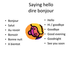 Saying hello dire bonjour Bonjour Salut Au revoir Bonsoir Bonne nuit A bientot Hello Hi / goodbye Goodbye Good evening Goodnight See you soon 