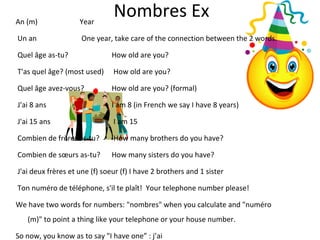 Nombres Ex An (m)  Year Un an   One year, take care of the connection between the 2 words. Quel âge as-tu? How old are you? T'as quel âge? (most used)  How old are you? Quel âge avez-vous?  How old are you? (formal) J'ai 8 ans  I am 8 (in French we say I have 8 years) J'ai 15 ans  I am 15 Combien de frères as-tu?  How many brothers do you have? Combien de sœurs as-tu?  How many sisters do you have? J'ai deux frères et une (f) soeur (f) I have 2 brothers and 1 sister Ton numéro de téléphone, s'il te plaît!  Your telephone number please! We have two words for numbers: "nombres" when you calculate and "numéro (m)" to point a thing like your telephone or your house number. So now, you know as to say "I have one” : j’ai 
